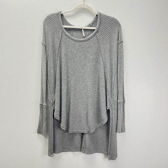Free People Gray Ventura Raglan Waffle Knit Thermal Top Long Sleeve Size S - Picture 2 of 10